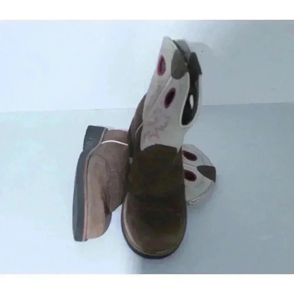 Ariat Cowgirl Boots Pink Brown Embroidered Leather Size 1.5 Teen Fatboy Style - Picture 11 of 11
